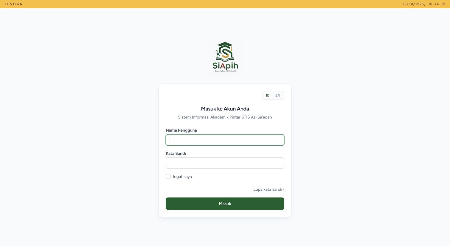 Halaman masuk SIAPIH dengan username, password, dan pilihan bahasa
